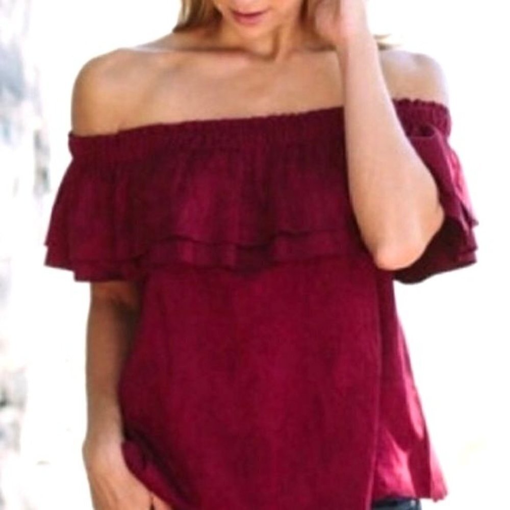 Young Fabulous & Broke Red Off Shoulder Suede Ruffle Layered Top Blouse Sz Small